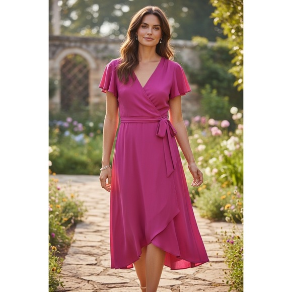 Shelby & Palmer Dresses & Skirts - Shelby & Palmer Pink Faux Wrap Dress Flutter Sleeve Belted Midi Size 6